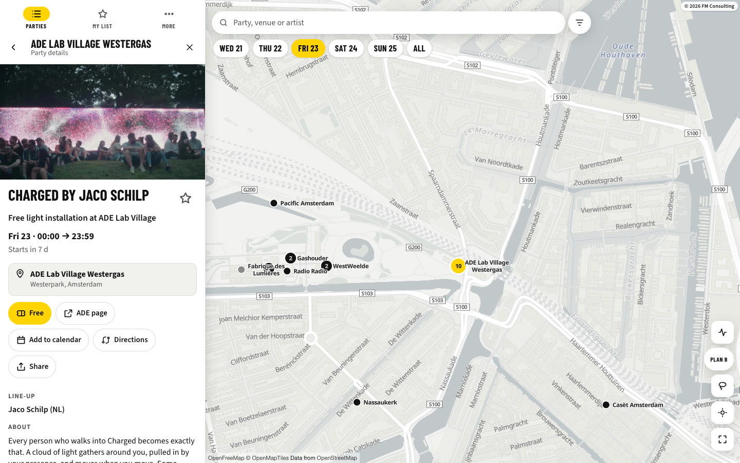 Party detail with time, venue, ticket, calendar and directions actions beside the map