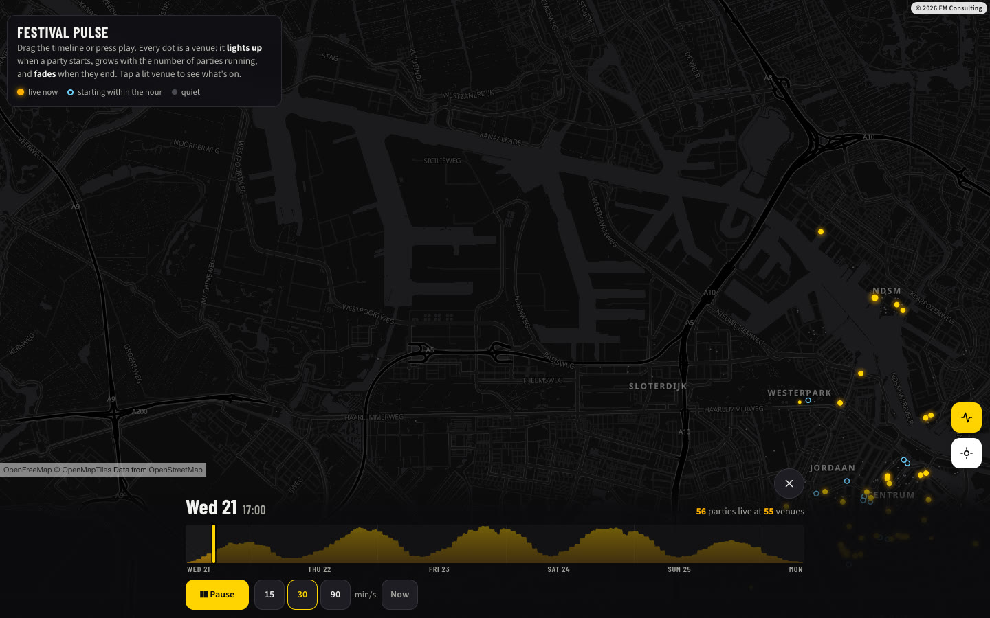 Festival Pulse: a time-lapse of venues lighting up across ADE week