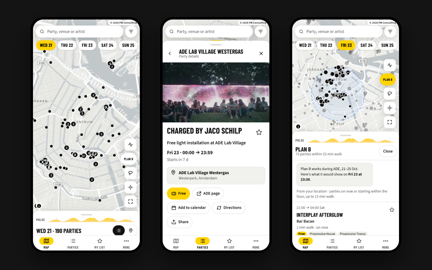 The app on a phone: the map, a party detail, and Plan B within walking distance