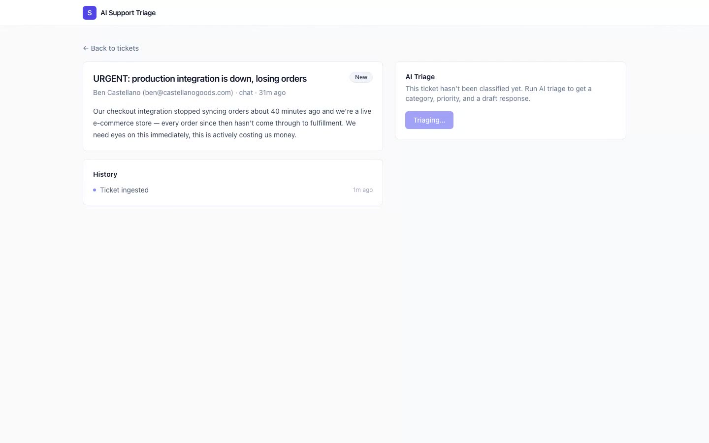 Ticket detail with an AI-drafted response awaiting human review