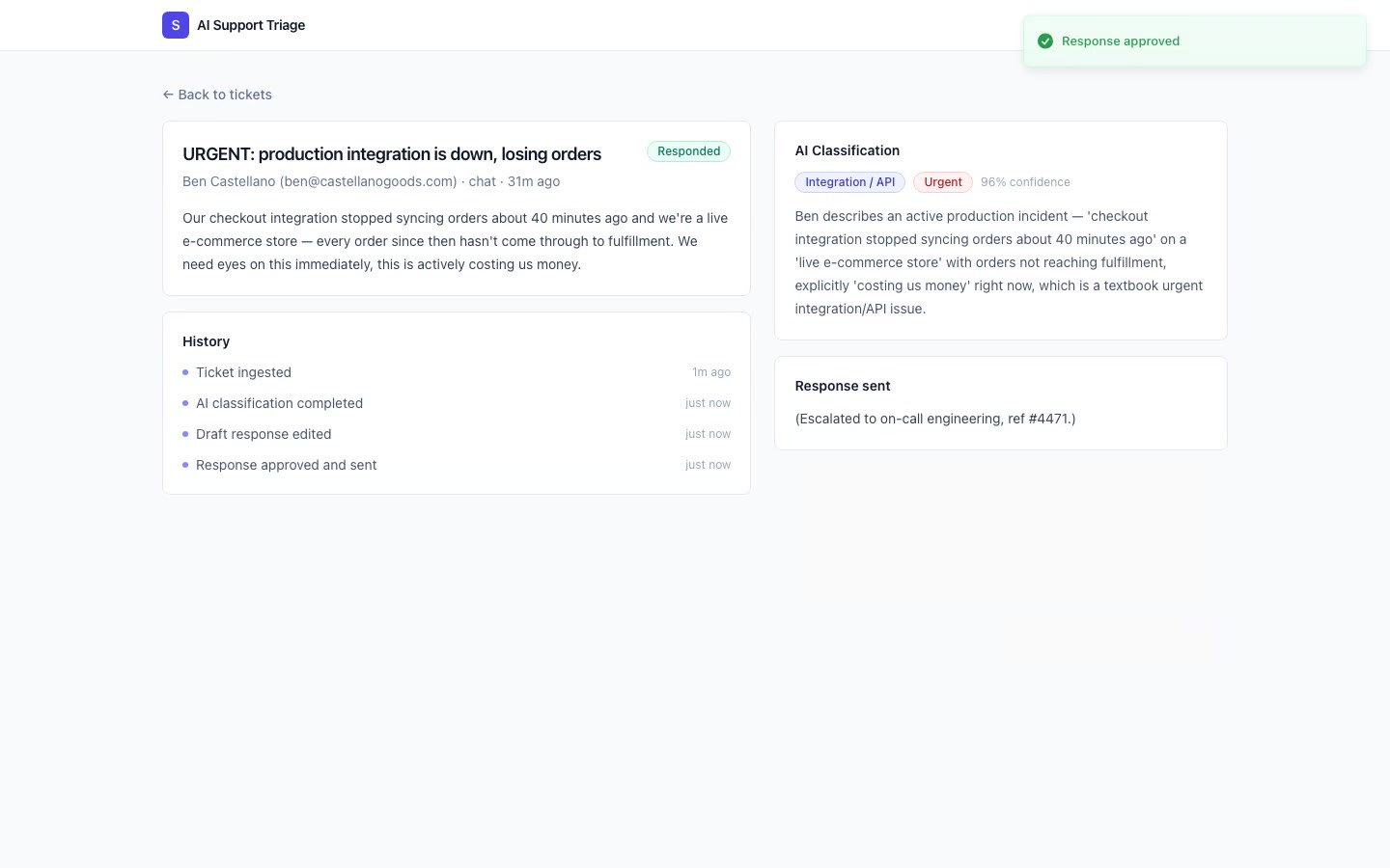 A ticket after its AI-drafted reply was reviewed and sent