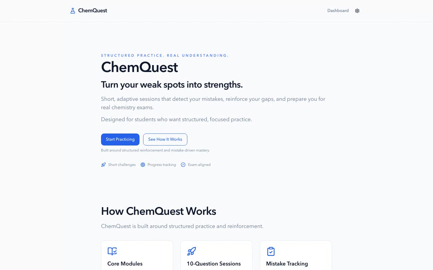 ChemQuest landing page describing structured stoichiometry practice