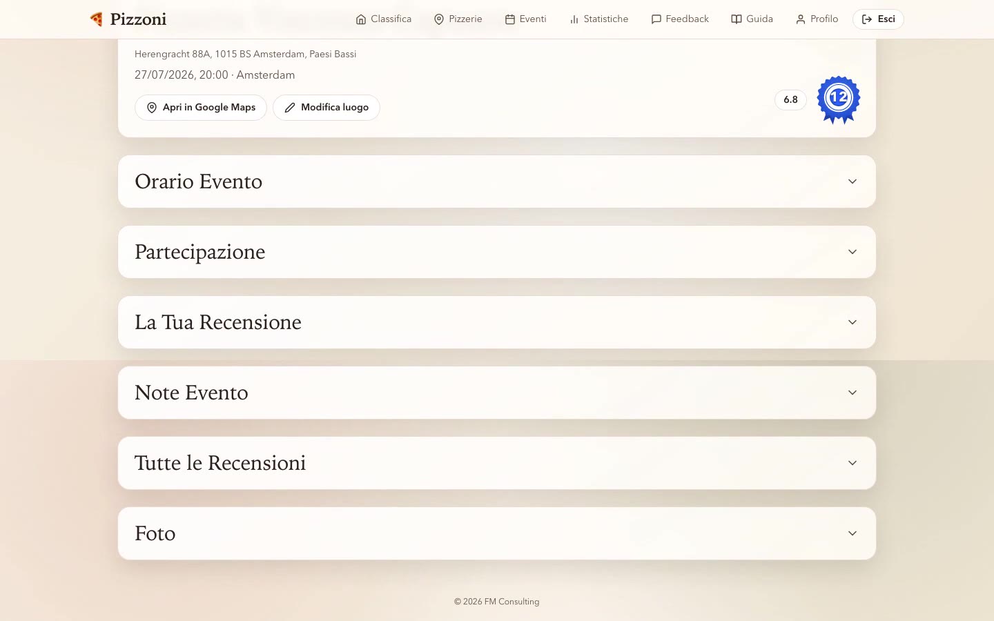 Event detail page with collapsible sections for reviews, notes, and photos