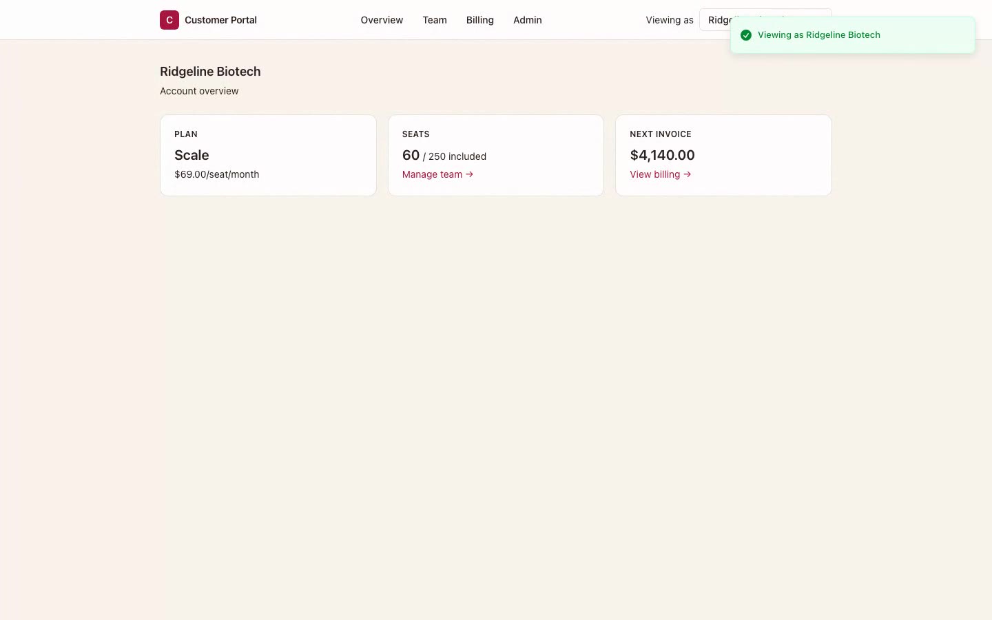 Account overview showing plan, seats, and next invoice