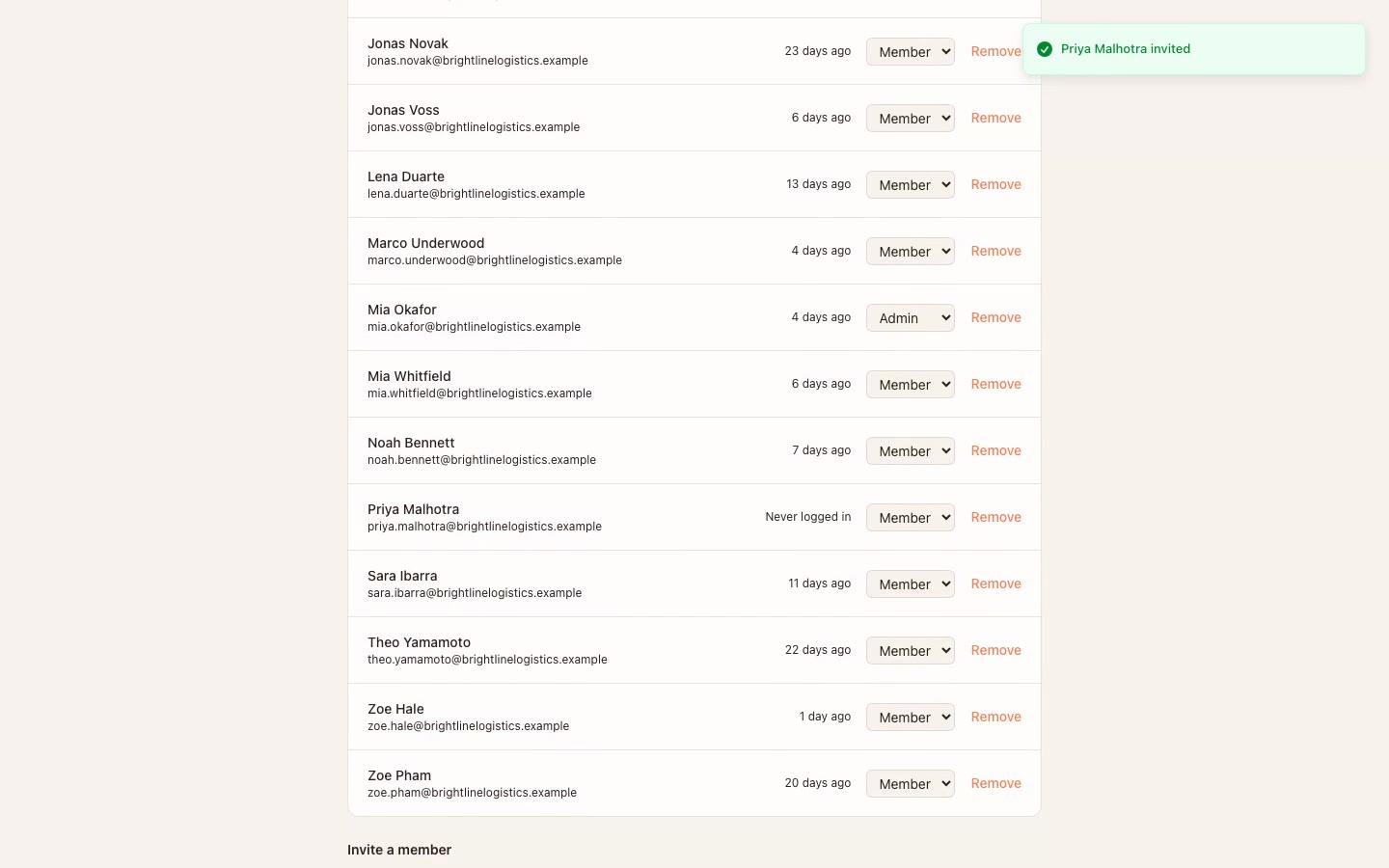 Team member list with roles and invite management