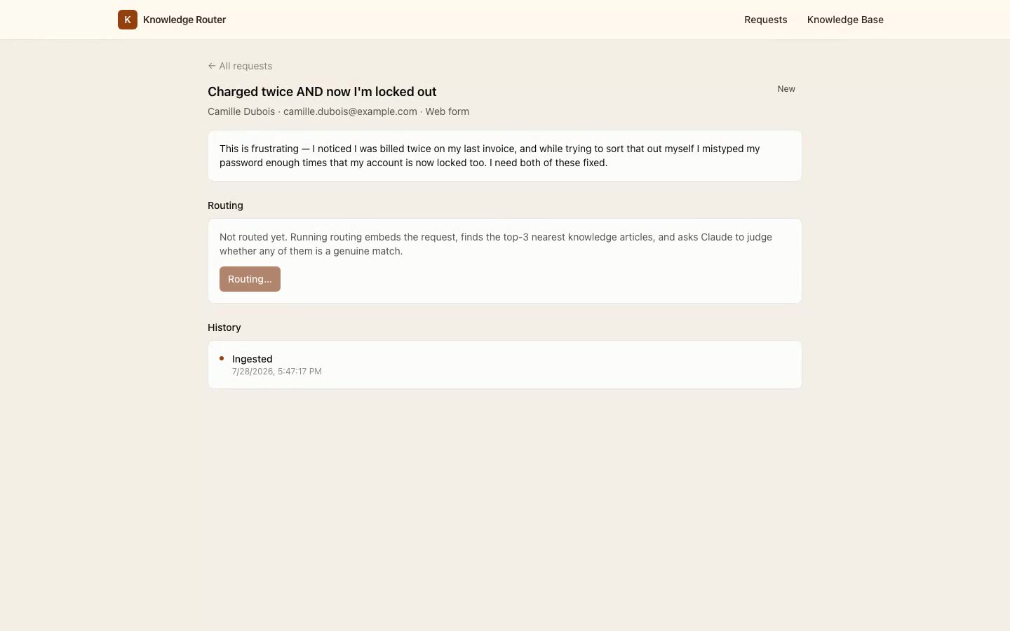 An incoming request with its suggested routing and reasoning