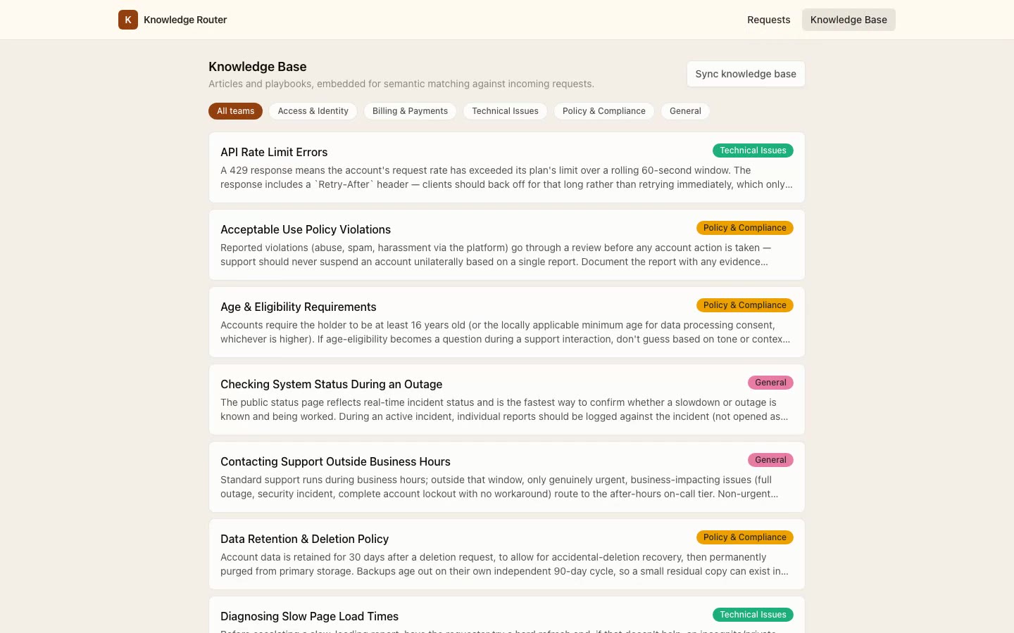 Knowledge base article list with topic tags