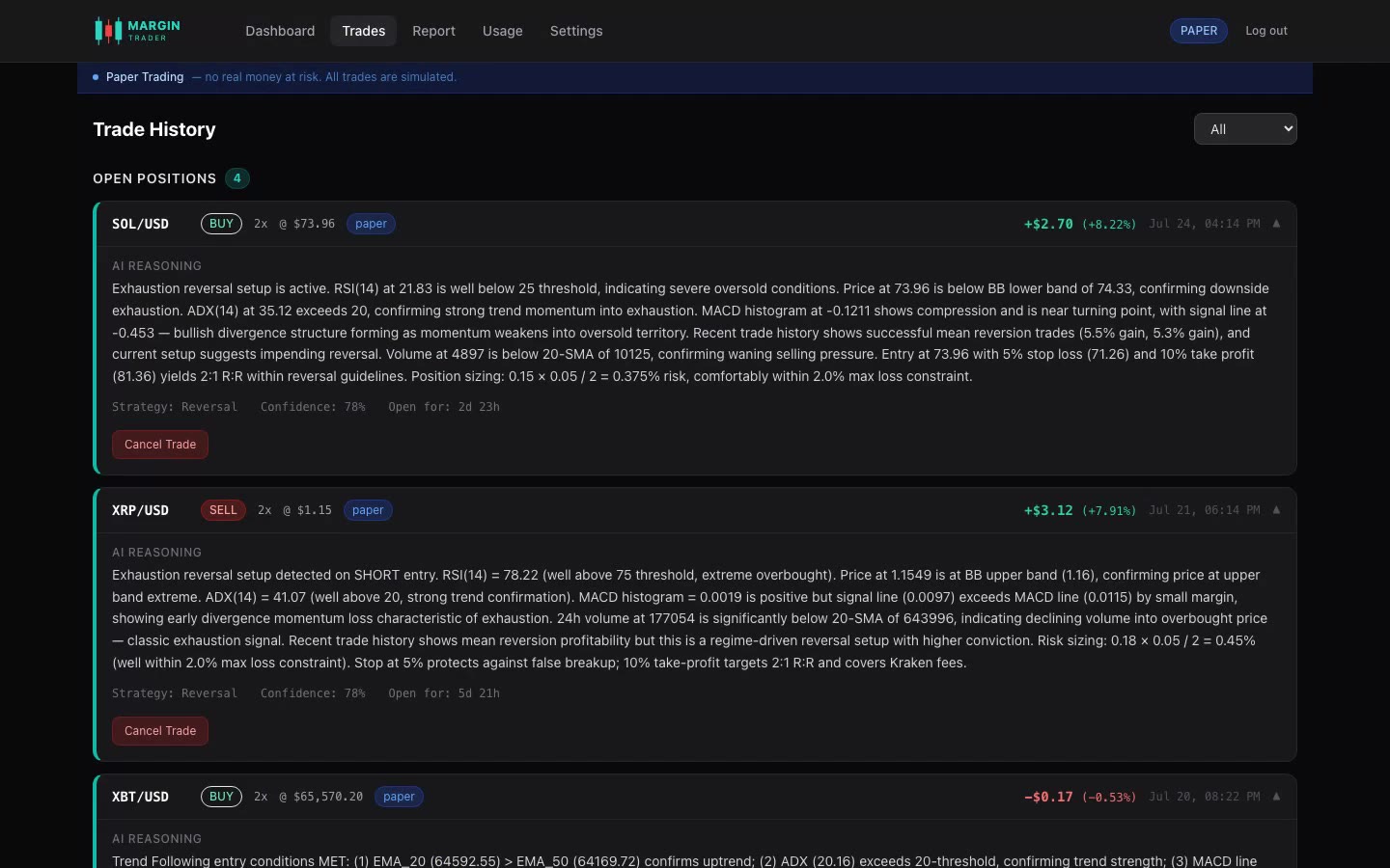 Trade history log with the AI's reasoning behind each position