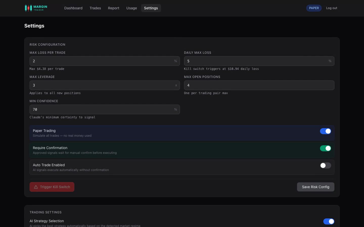 Risk configuration settings including max loss and confidence threshold
