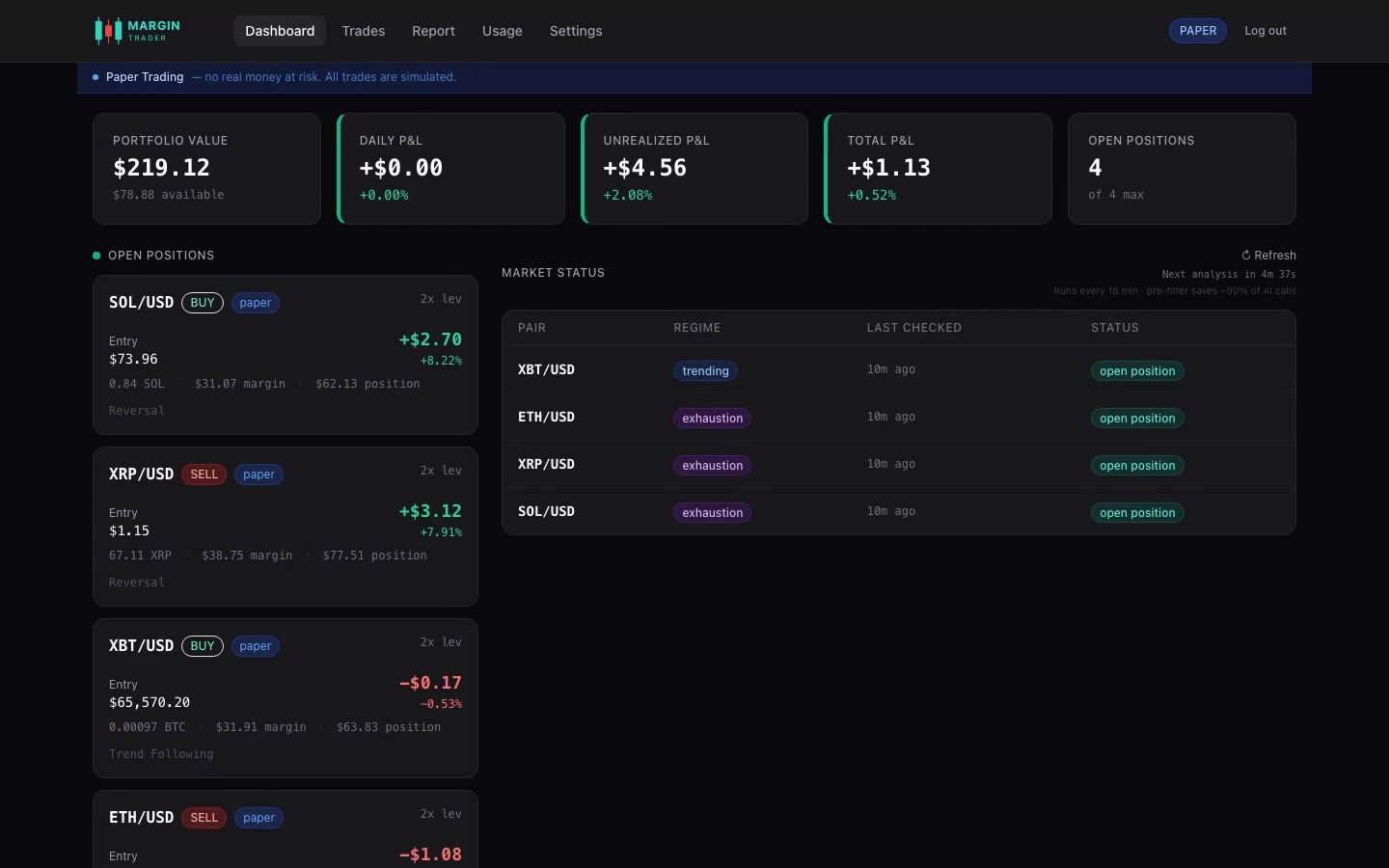 Dashboard showing portfolio value, open positions, and market status
