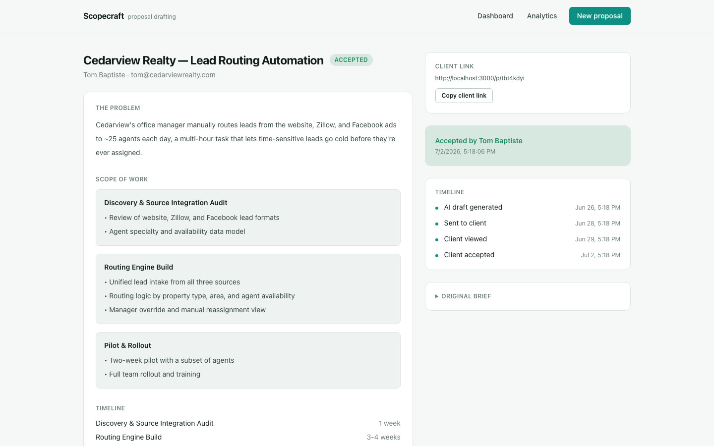 An accepted proposal's read-only detail view with its event timeline