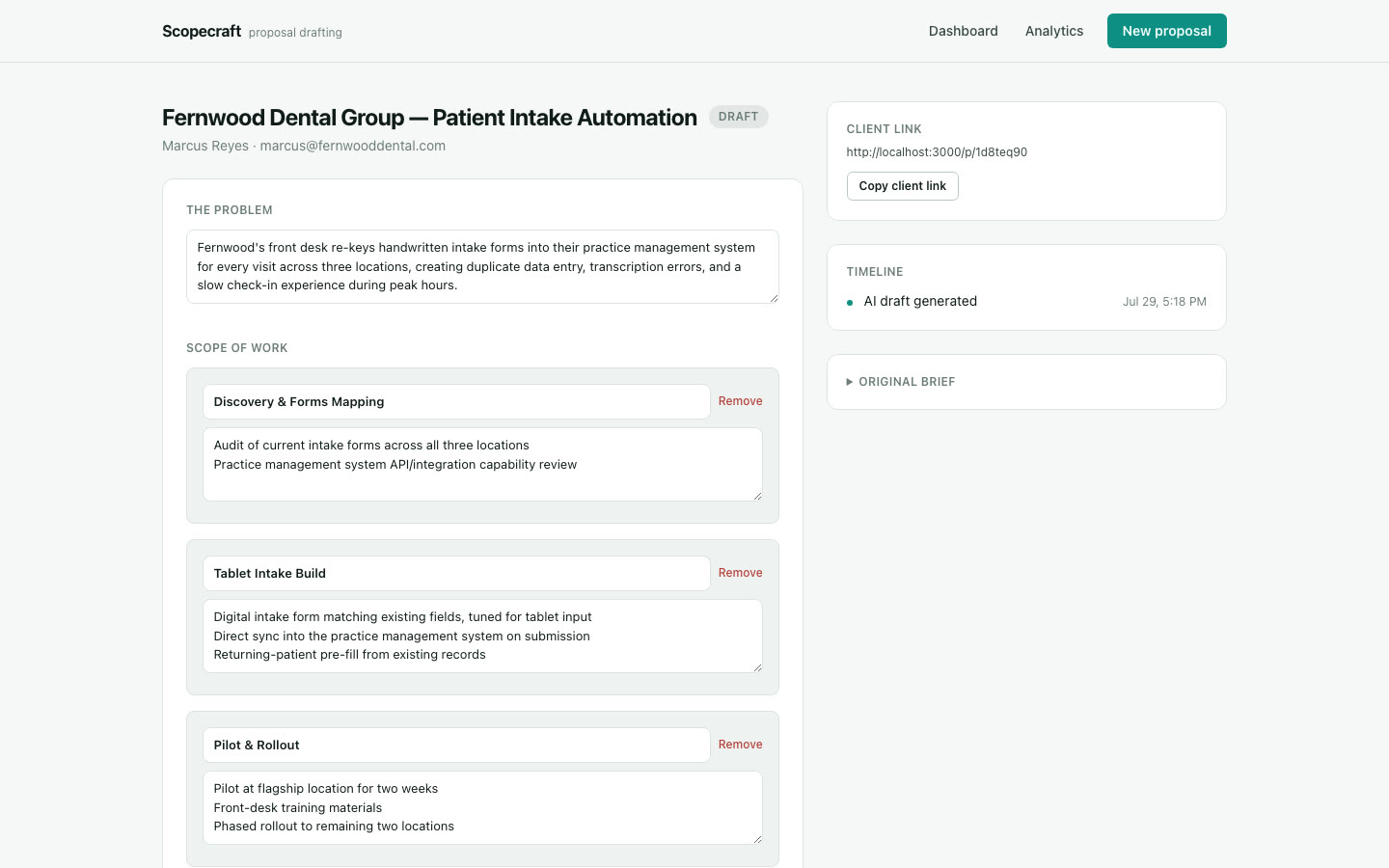 The editable AI-drafted proposal view before it's sent to a client