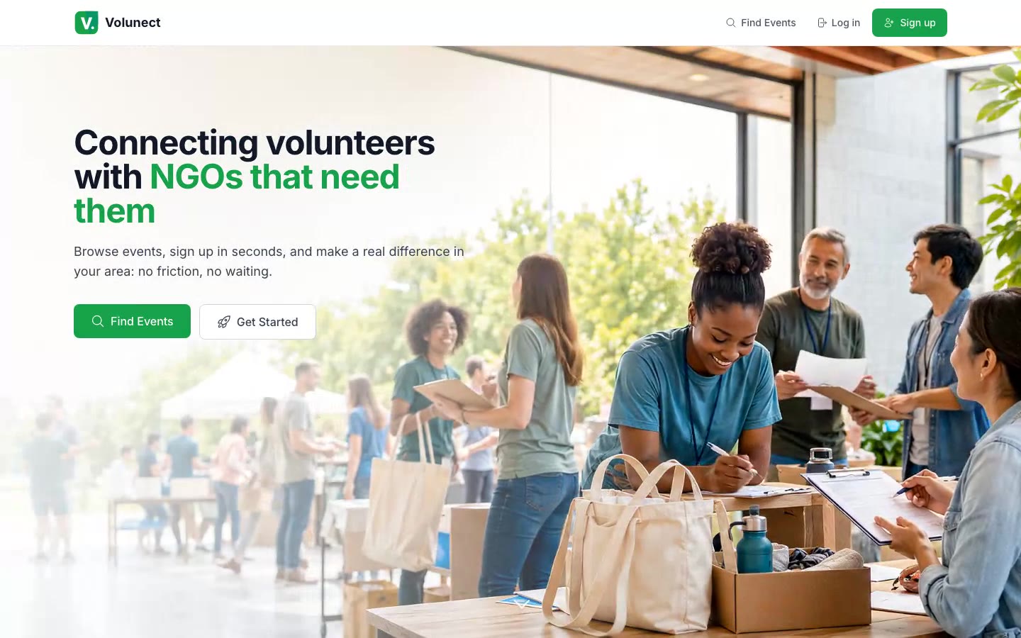 Volunect landing page inviting volunteers to browse local events