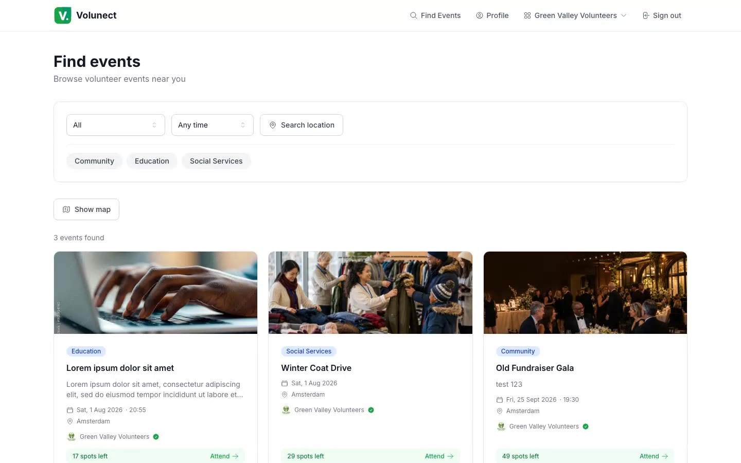 Browsing volunteer events with category and location filters