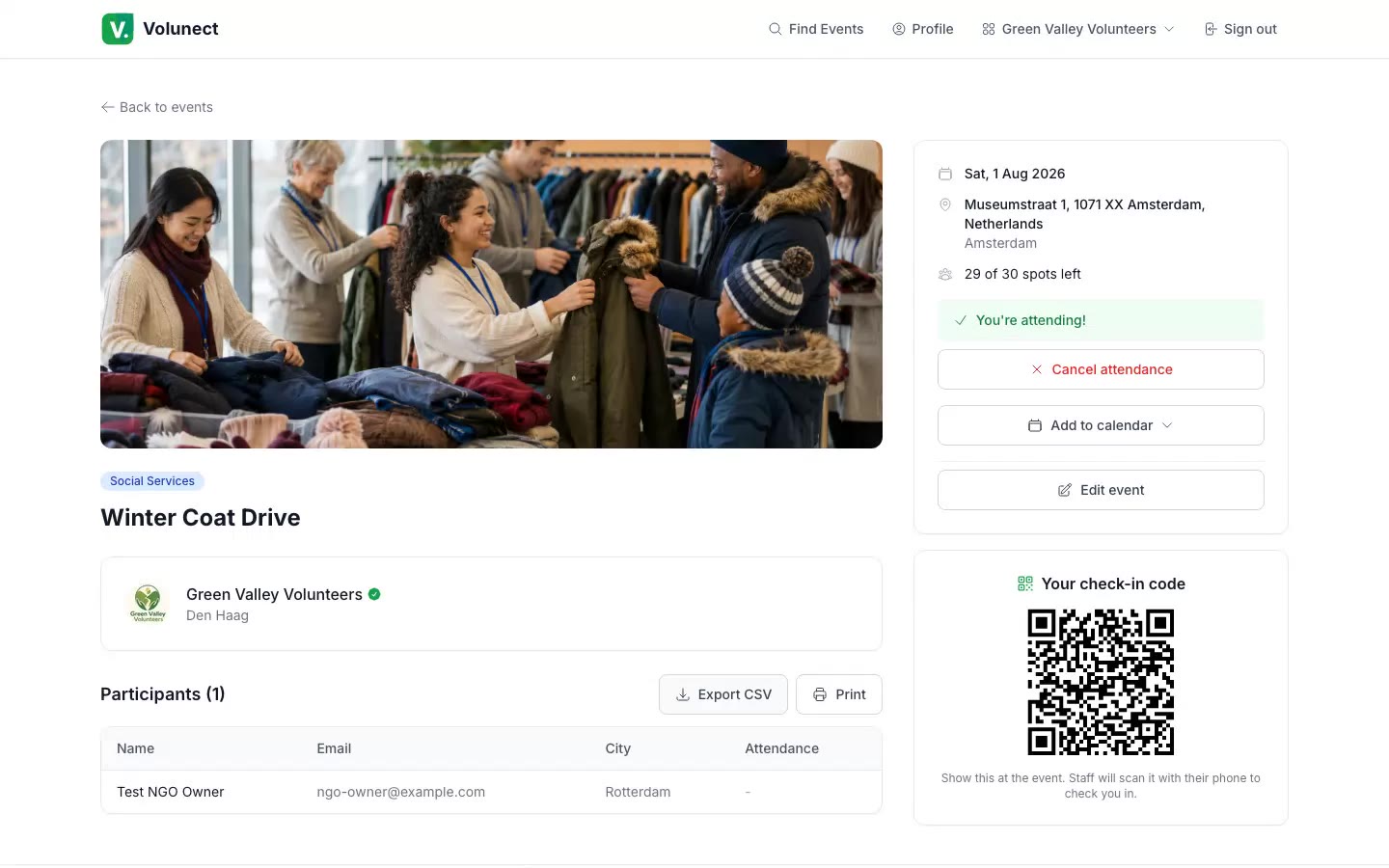 Event detail page with a QR check-in code and participant list